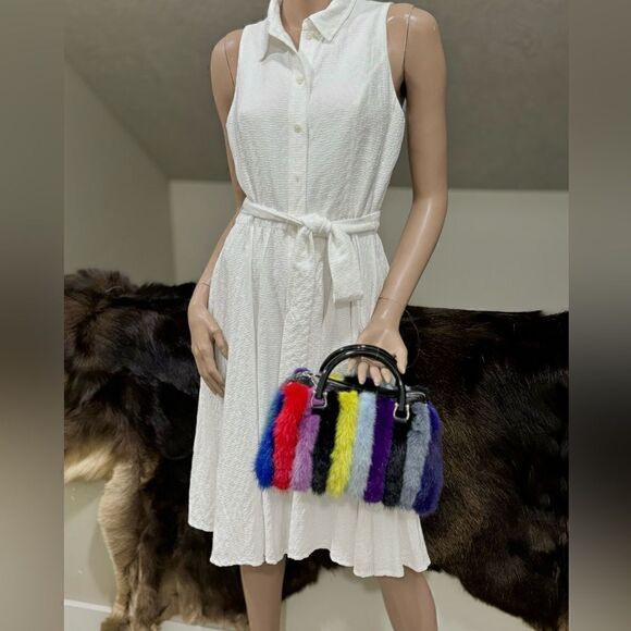 Multi Way Use Handmade Color-block Real Mink Fur Top Handles Satchel/Crossbody - Picture 3 of 16